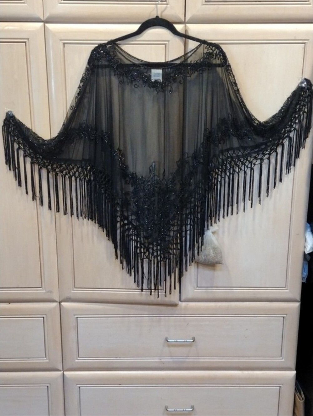 🖤Vintage Black Sheer Embroidered Beaded Fringe Stevie Nicks Poncho